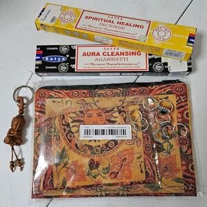Boho Box of Goodies - Sun Makeup Bag - Incense - Buddha Keychain - Fashion Rings